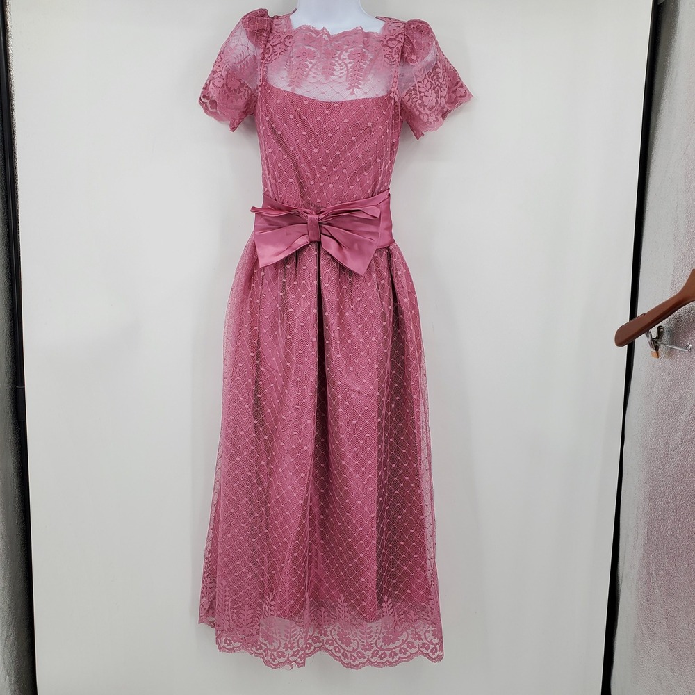 Vintage JCPenney 80s Pink Lace Midi Dress Bow Puff Sleeve 5/6 Coquette Fairy